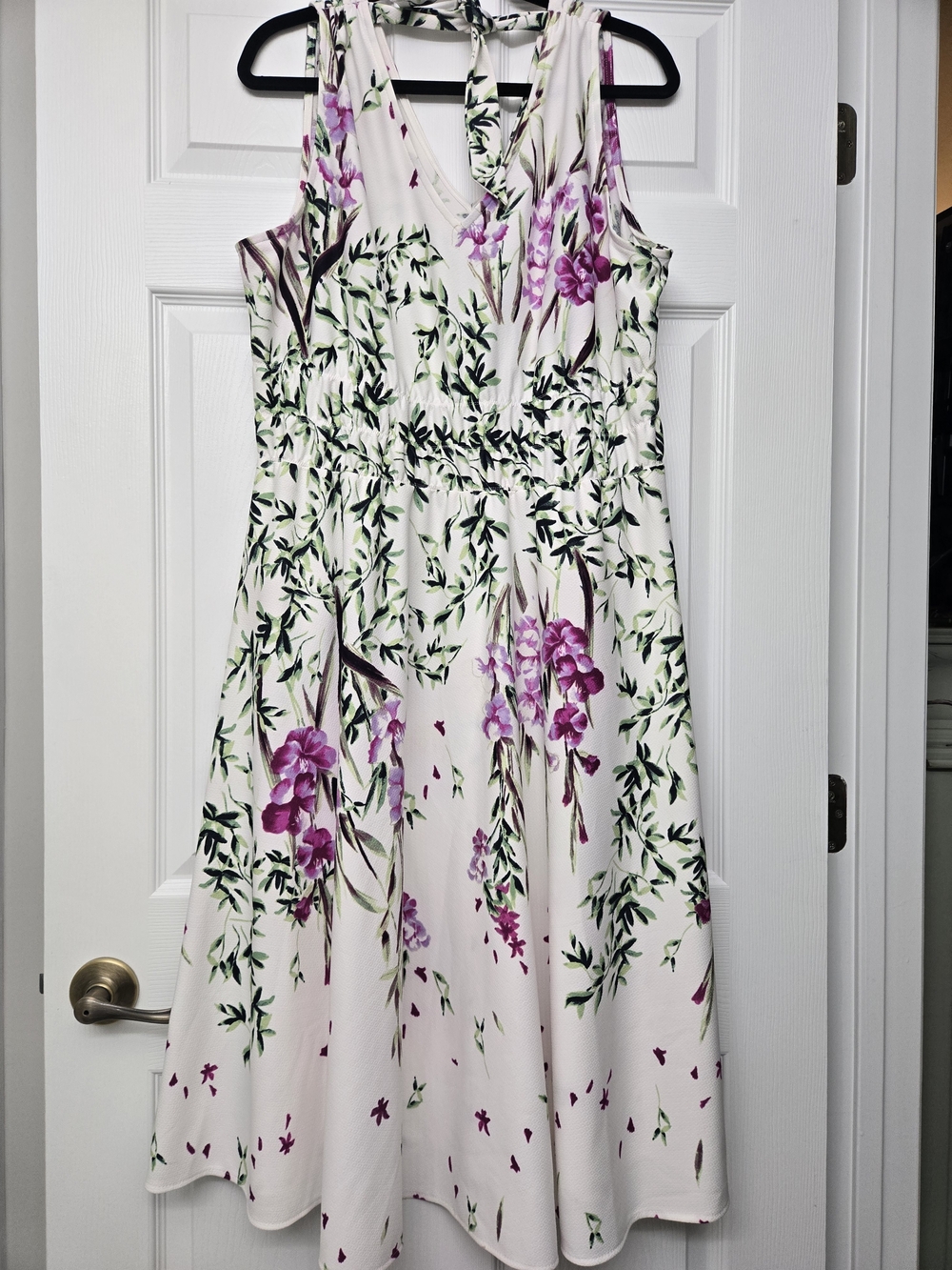 Sleeveless White Midi Dress with Purple Floral Print Nice Fabric